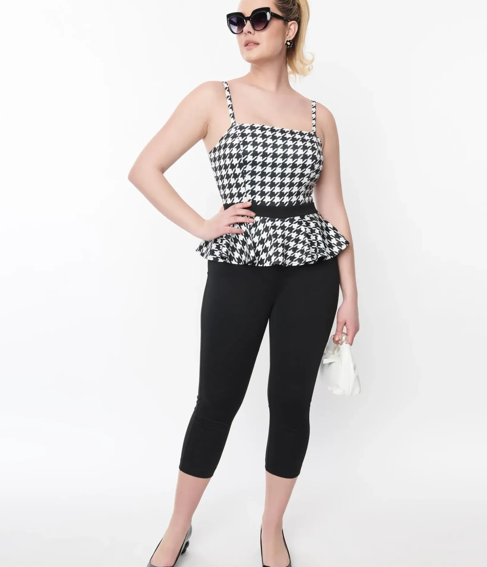 Unique Vintage Rompers & Jumpsuits|All Things Black>Black & White Houndstooth Peplum Jumpsuit