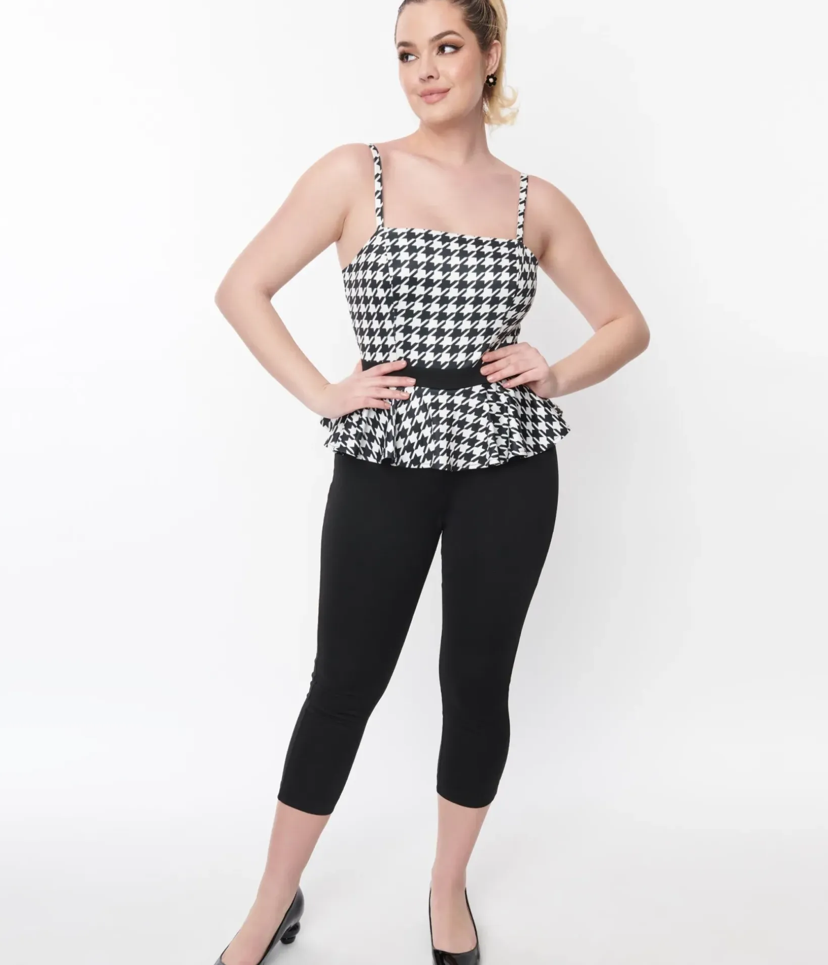 Unique Vintage Rompers & Jumpsuits|All Things Black>Black & White Houndstooth Peplum Jumpsuit