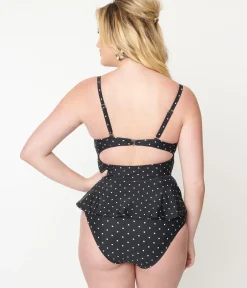 Unique Vintage Swim Tops|Two Piece Swim>Black & White Pin Dot Peplum Solana Tankini Swim Top