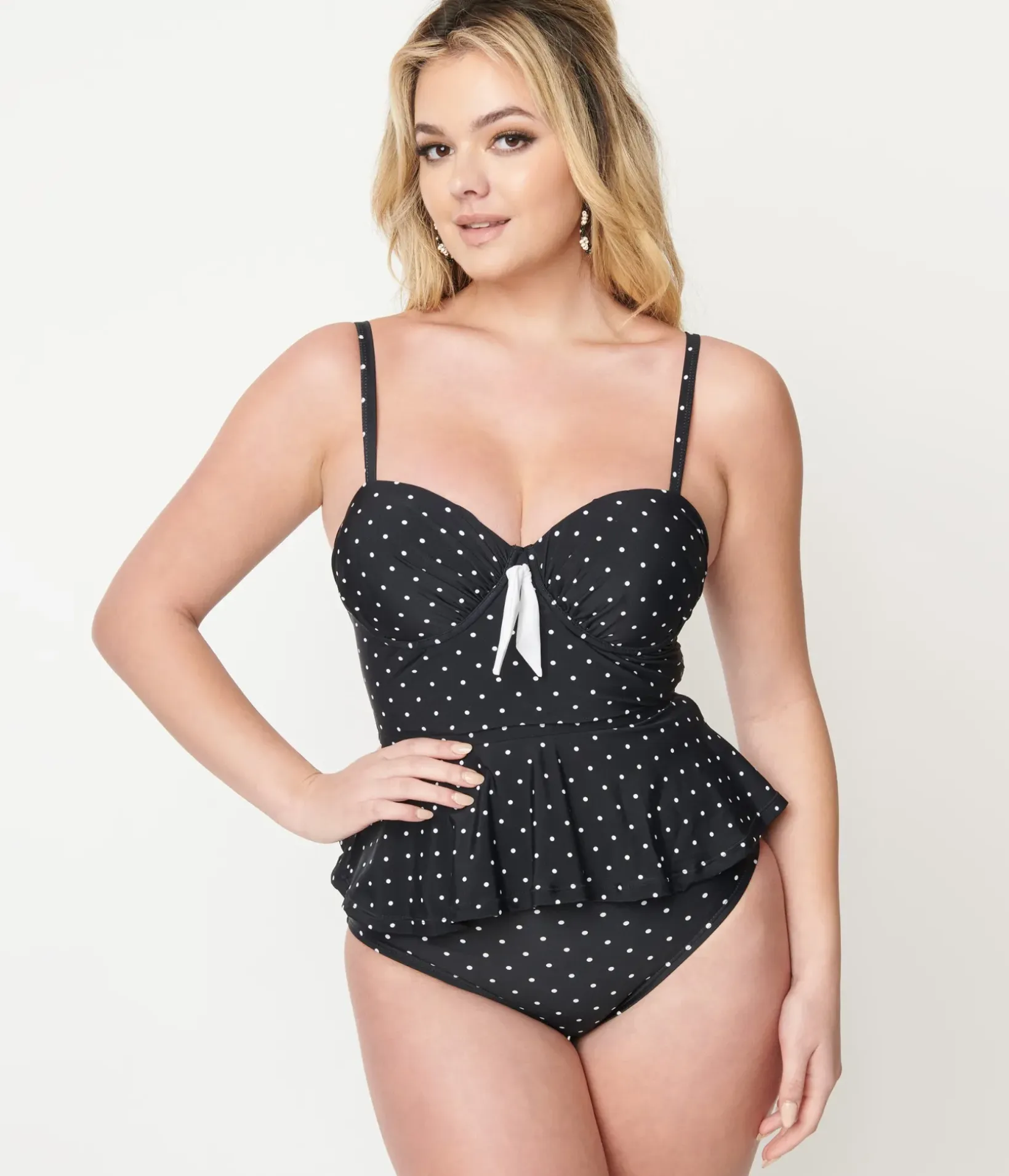 Unique Vintage Swim Tops|Two Piece Swim>Black & White Pin Dot Peplum Solana Tankini Swim Top