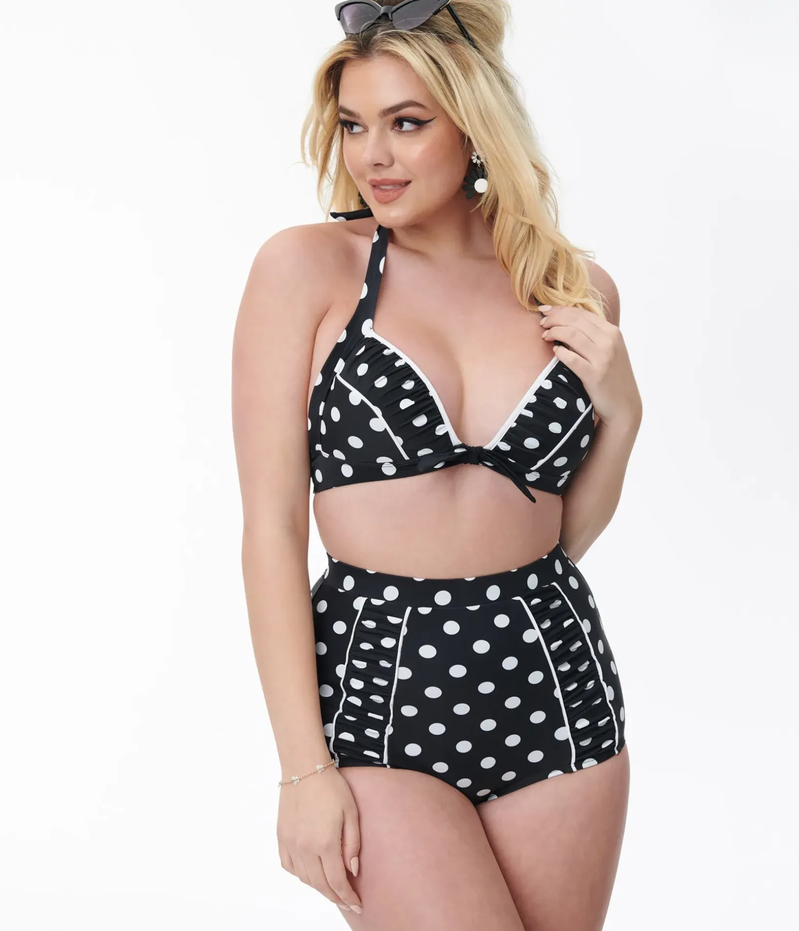 Unique Vintage Swim Tops|All Things Black>Black & White Polka Dot Halter Swim Top