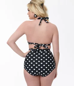Unique Vintage Swim Tops|All Things Black>Black & White Polka Dot Halter Swim Top
