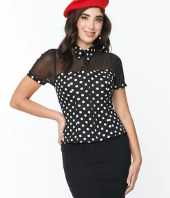Unique Vintage All Things Black|Work Wear>Black & White Polka Dot Mesh Sweetheart Top