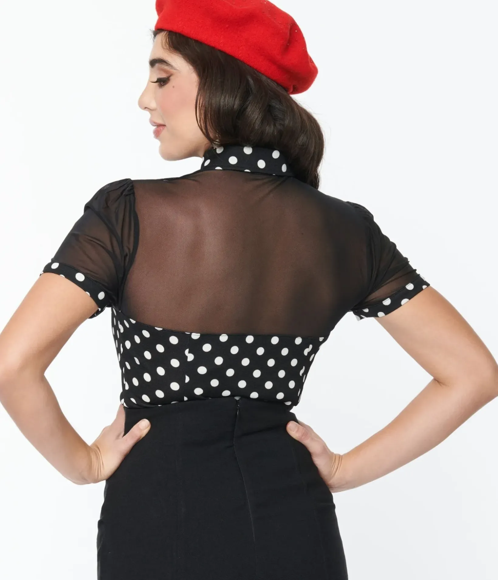 Unique Vintage All Things Black|Work Wear>Black & White Polka Dot Mesh Sweetheart Top