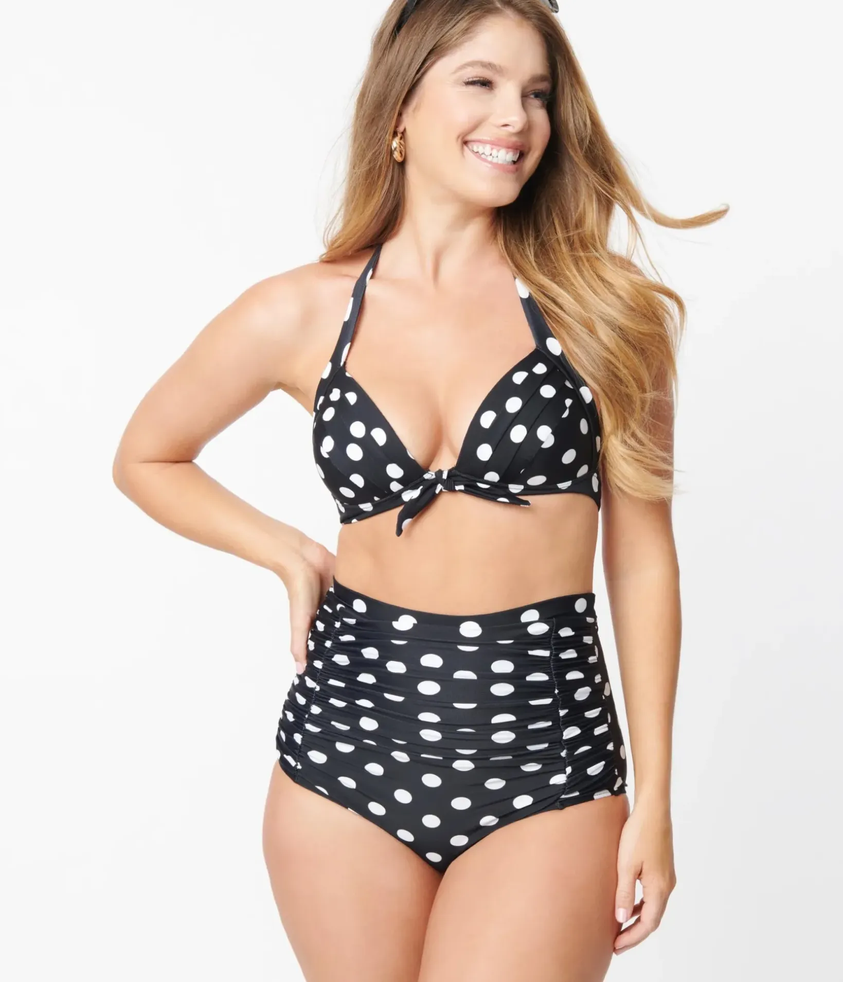 Unique Vintage Swim Tops|Two Piece Swim>Black & White Polka Dot Print Monroe Halter Bikini Top
