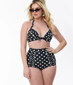 Unique Vintage Swim Bottoms|All Things Black>Black & White Polka Dot Ruched Swim Bottom