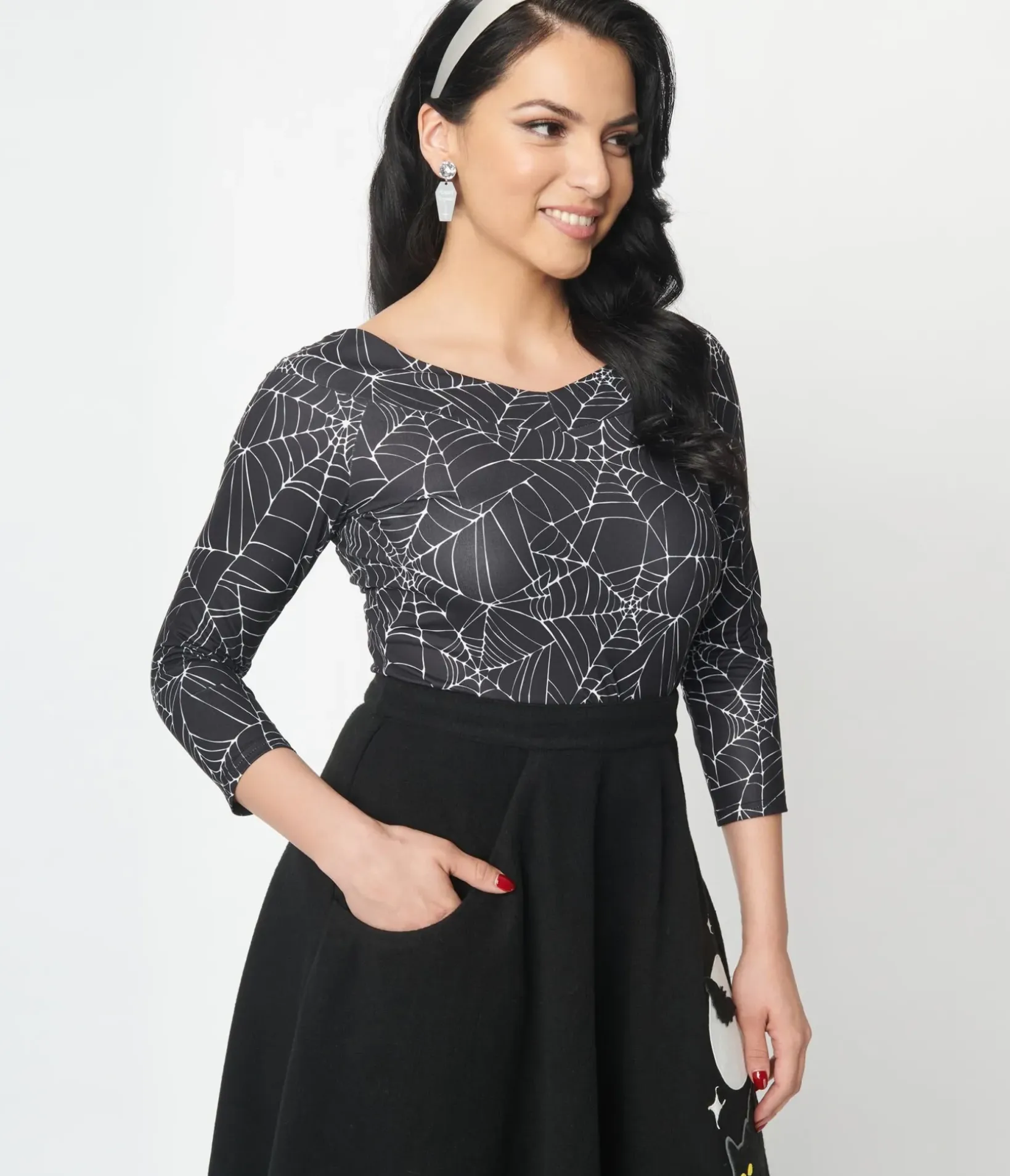 Unique Vintage All Things Black|Halloween>Black & White Spiderweb Scarlett Top