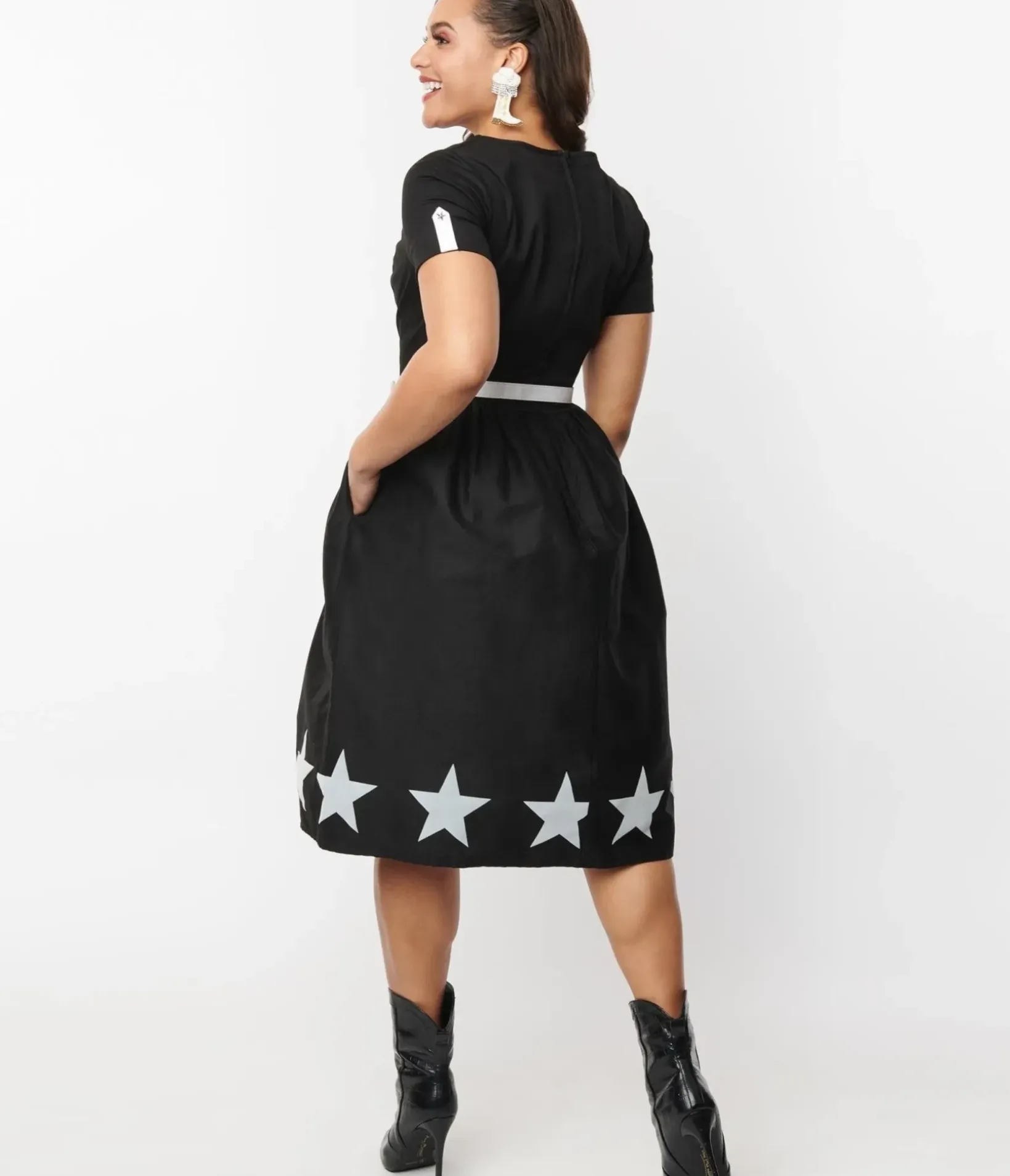 Unique Vintage Everyday Dresses>Black & White Star Cut Out Dress