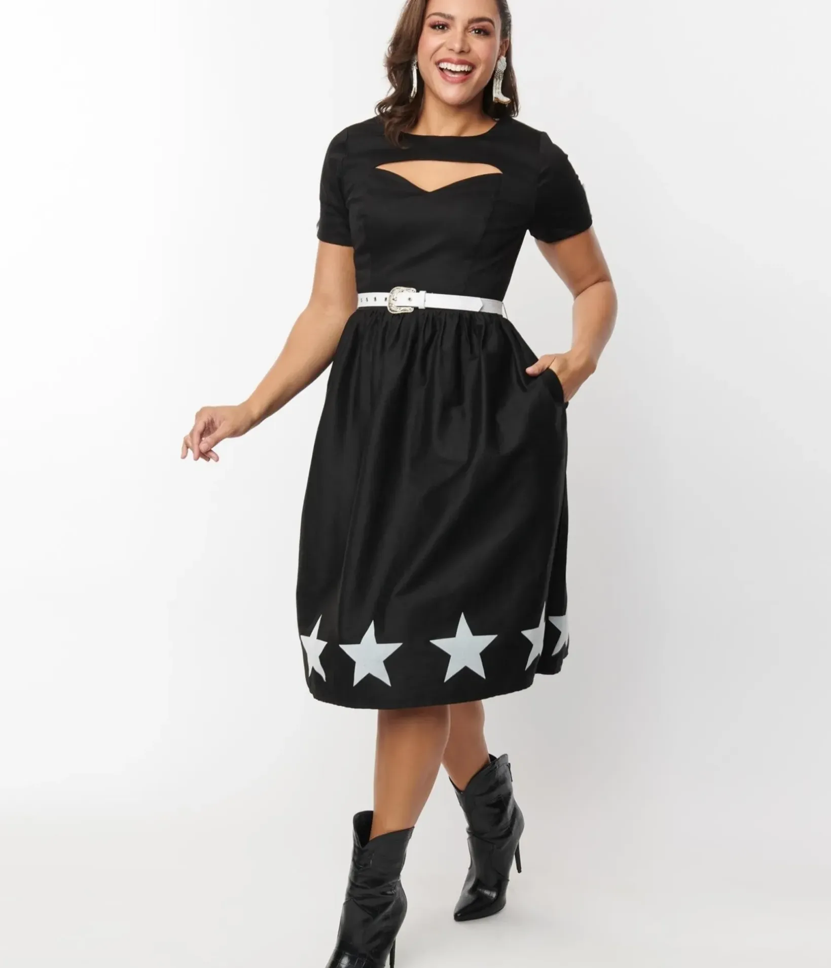 Unique Vintage Everyday Dresses>Black & White Star Cut Out Dress
