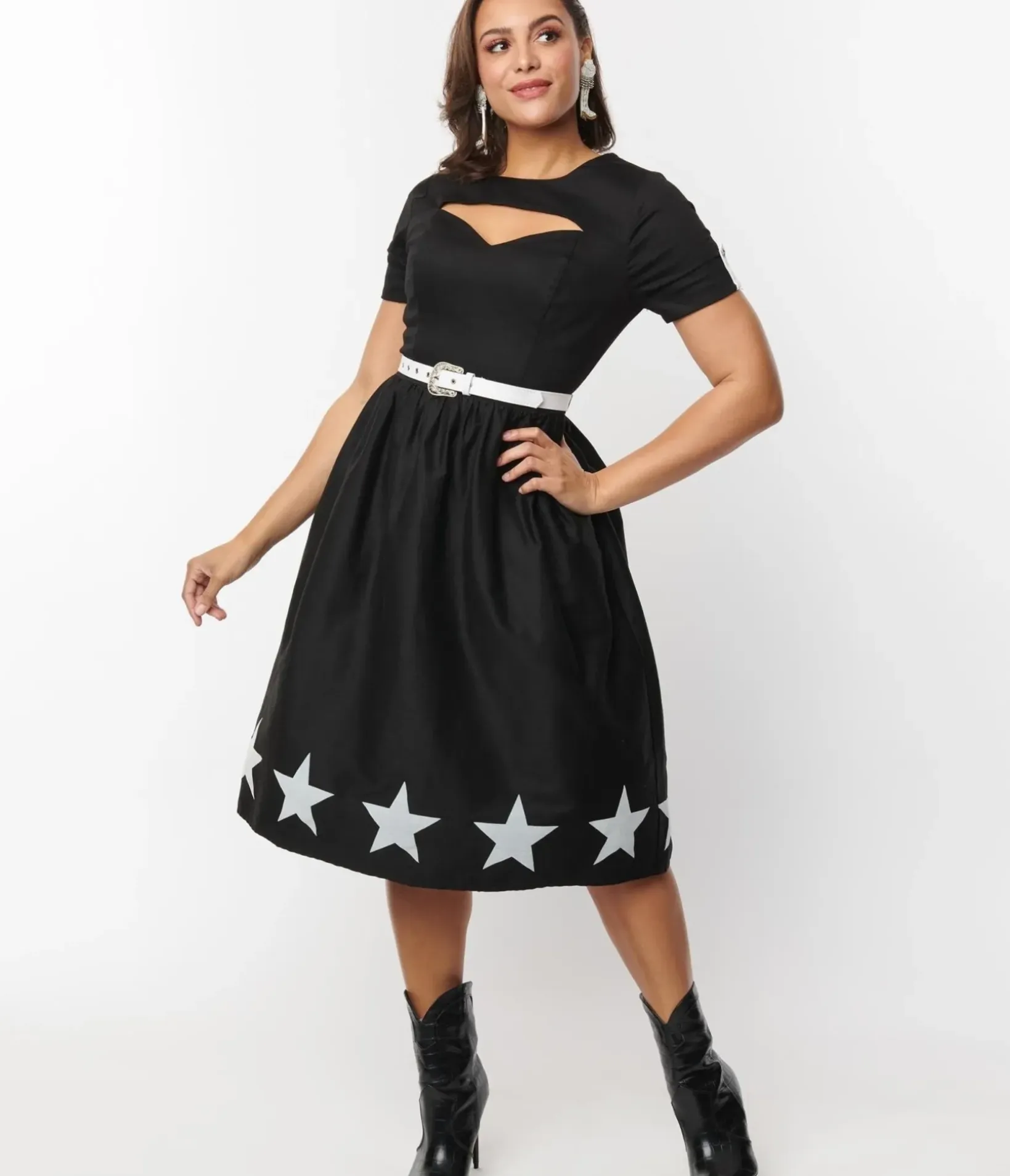 Unique Vintage Everyday Dresses>Black & White Star Cut Out Dress