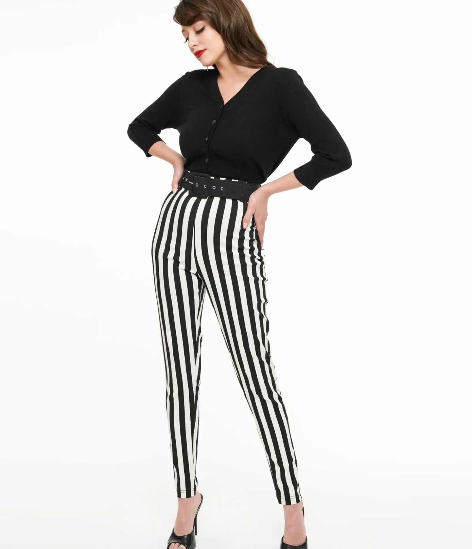 Unique Vintage Pants|Disney Bounding>Black & White Stripe Belted Rizzo Cigarette Pants