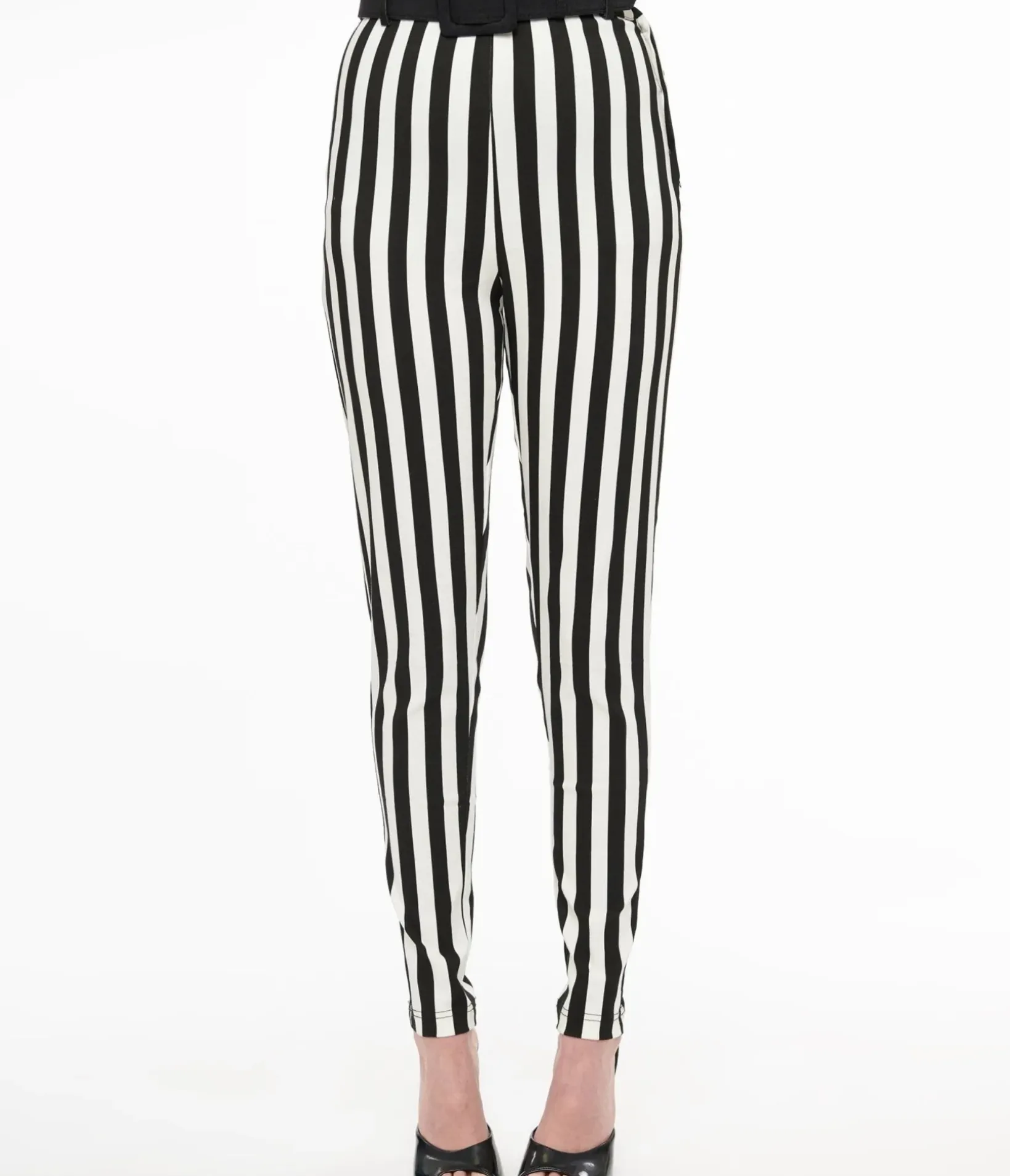 Unique Vintage Pants|Disney Bounding>Black & White Stripe Belted Rizzo Cigarette Pants