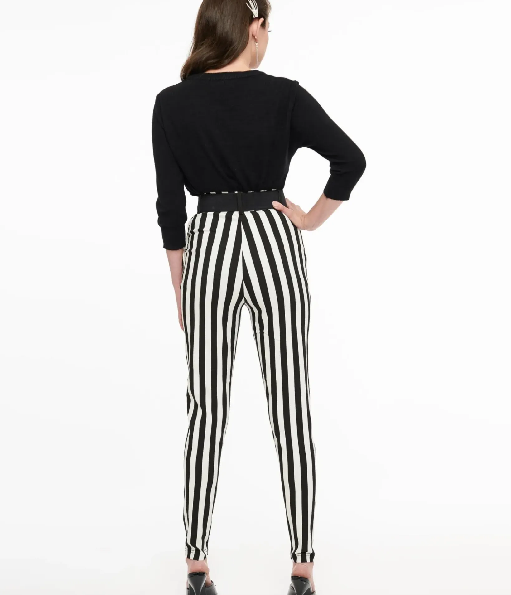 Unique Vintage Pants|Disney Bounding>Black & White Stripe Belted Rizzo Cigarette Pants