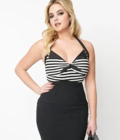 Unique Vintage All Things Black|Summer Vacation>Black & White Striped Halter Top