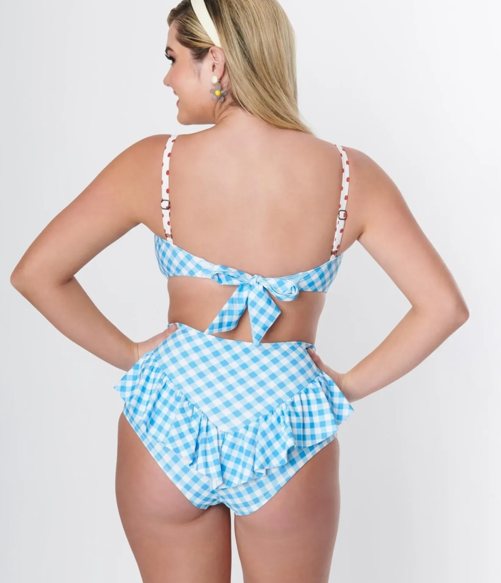 Unique Vintage Swim Tops|Two Piece Swim>Blue Gingham Buckle Swim Top