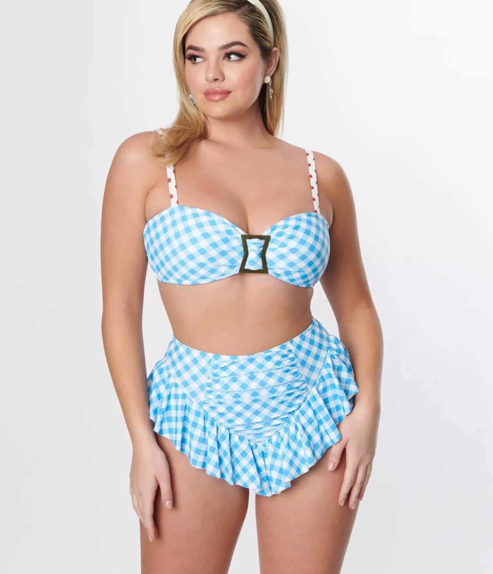 Unique Vintage Swim Tops|Two Piece Swim>Blue Gingham Buckle Swim Top