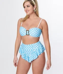 Unique Vintage Swim Bottoms|Two Piece Swim>Blue Gingham Ruffle High Waist Swim Bottom