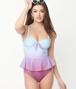 Unique Vintage Swim Tops>Blue & Purple Ombre Peplum Solana Tankini Swim Top