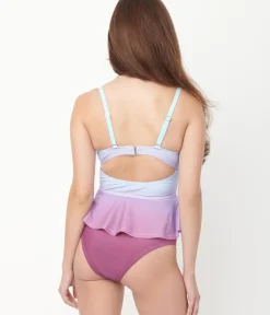 Unique Vintage Swim Tops>Blue & Purple Ombre Peplum Solana Tankini Swim Top