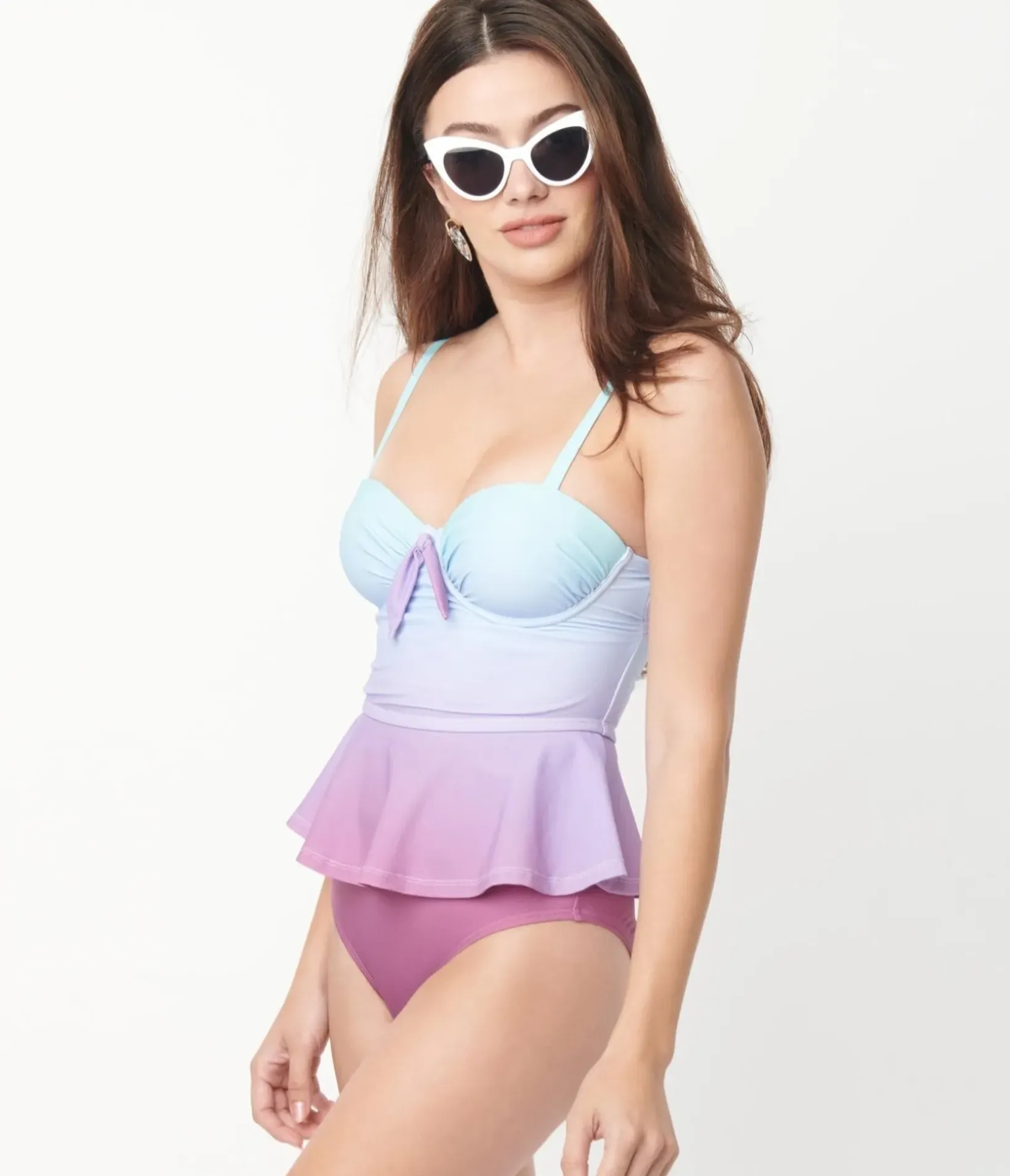 Unique Vintage Swim Tops>Blue & Purple Ombre Peplum Solana Tankini Swim Top