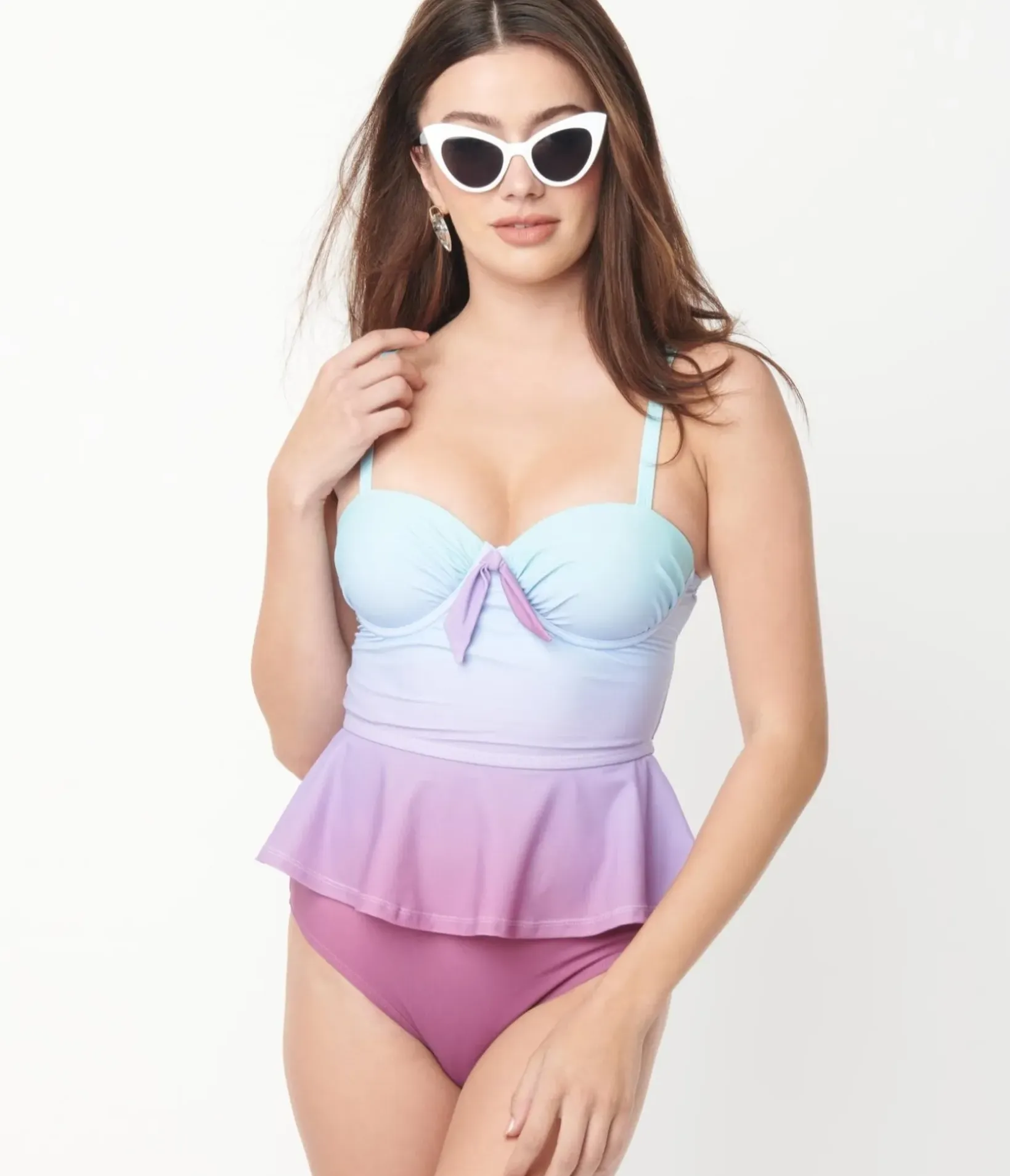Unique Vintage Swim Tops>Blue & Purple Ombre Peplum Solana Tankini Swim Top