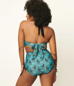 Unique Vintage Swim Tops|Two Piece Swim>Blue & Spooky Cat Print Forever Glam Swim Top