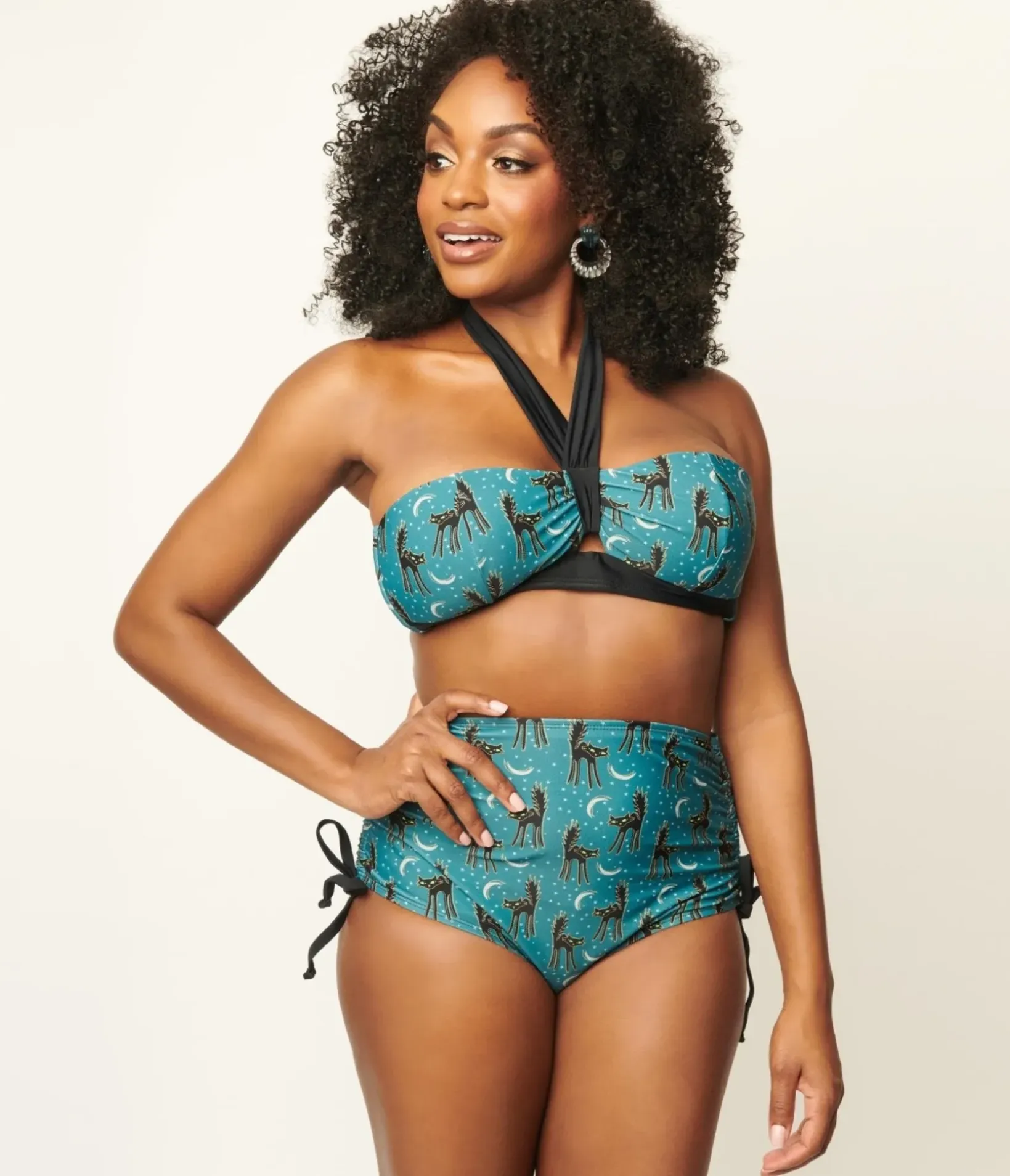 Unique Vintage Swim Tops|Two Piece Swim>Blue & Spooky Cat Print Forever Glam Swim Top