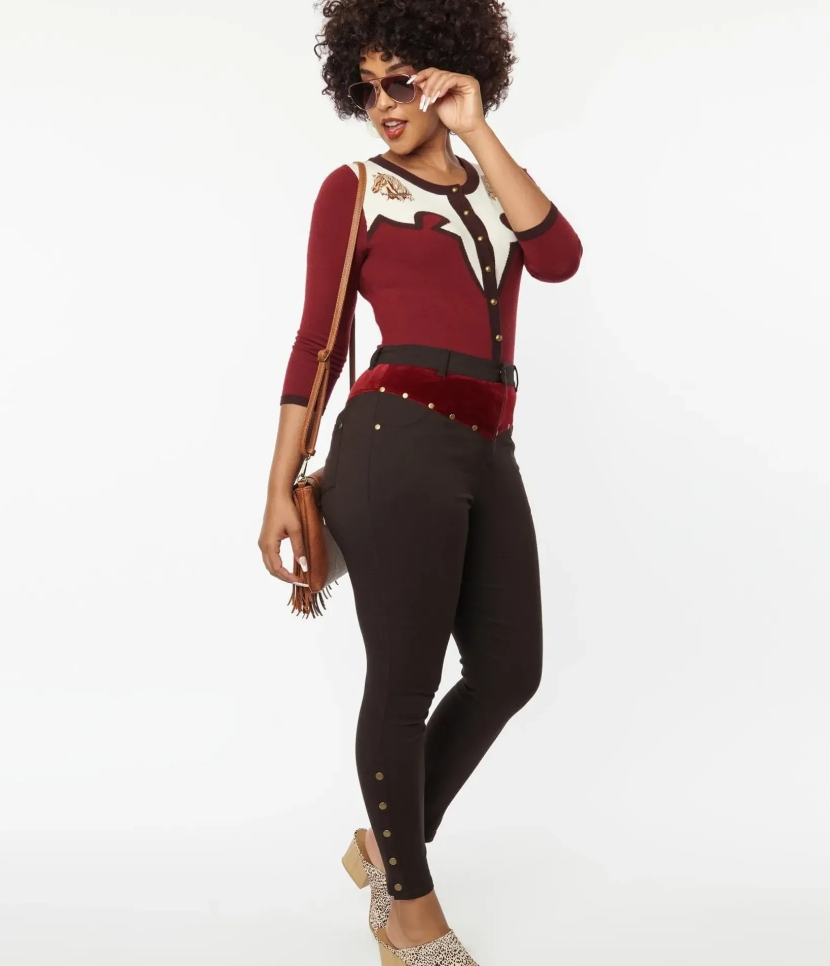 Unique Vintage All Things Red>Brown Denim & Red Yoke Skinny Jeans