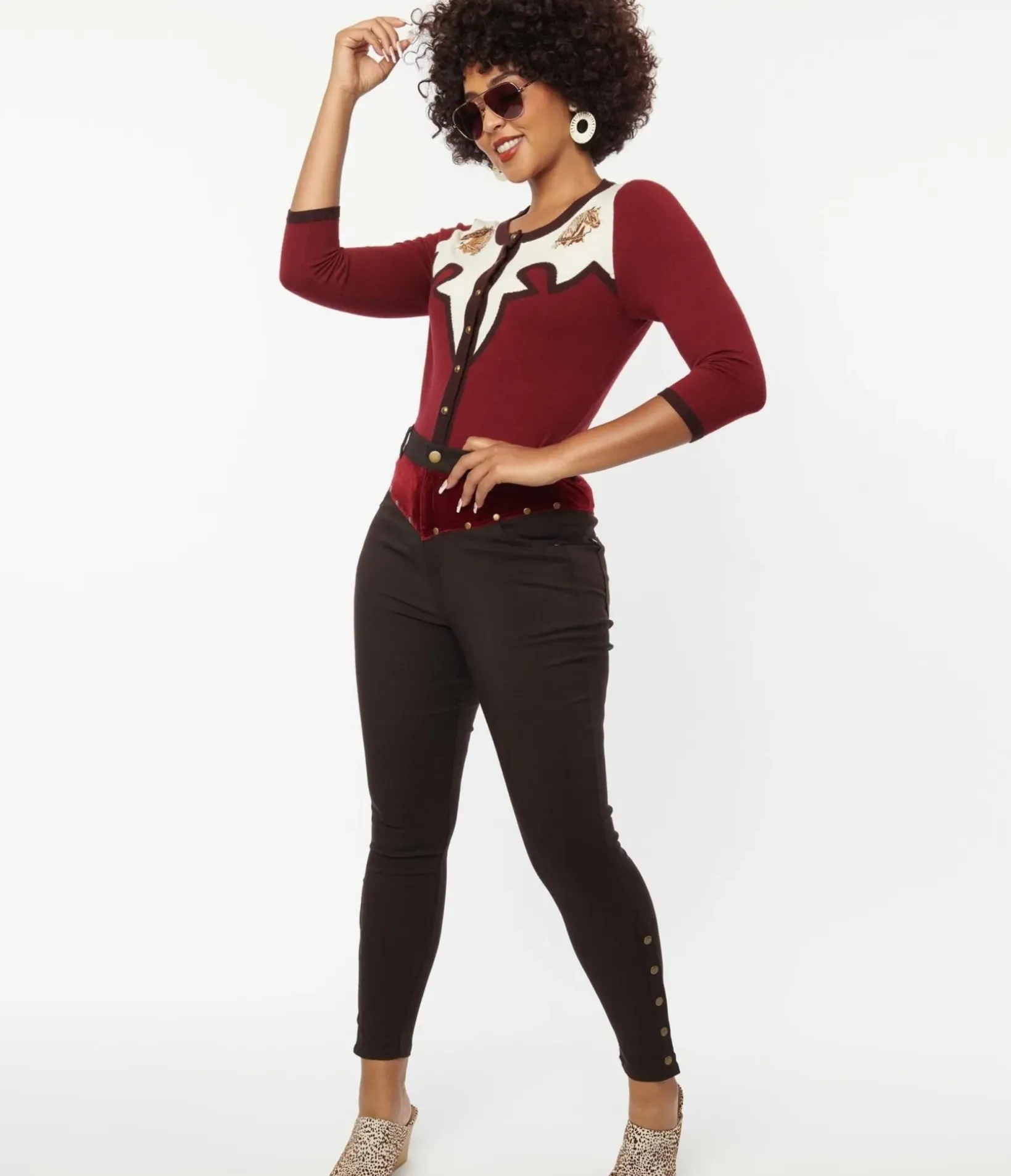 Unique Vintage All Things Red>Brown Denim & Red Yoke Skinny Jeans