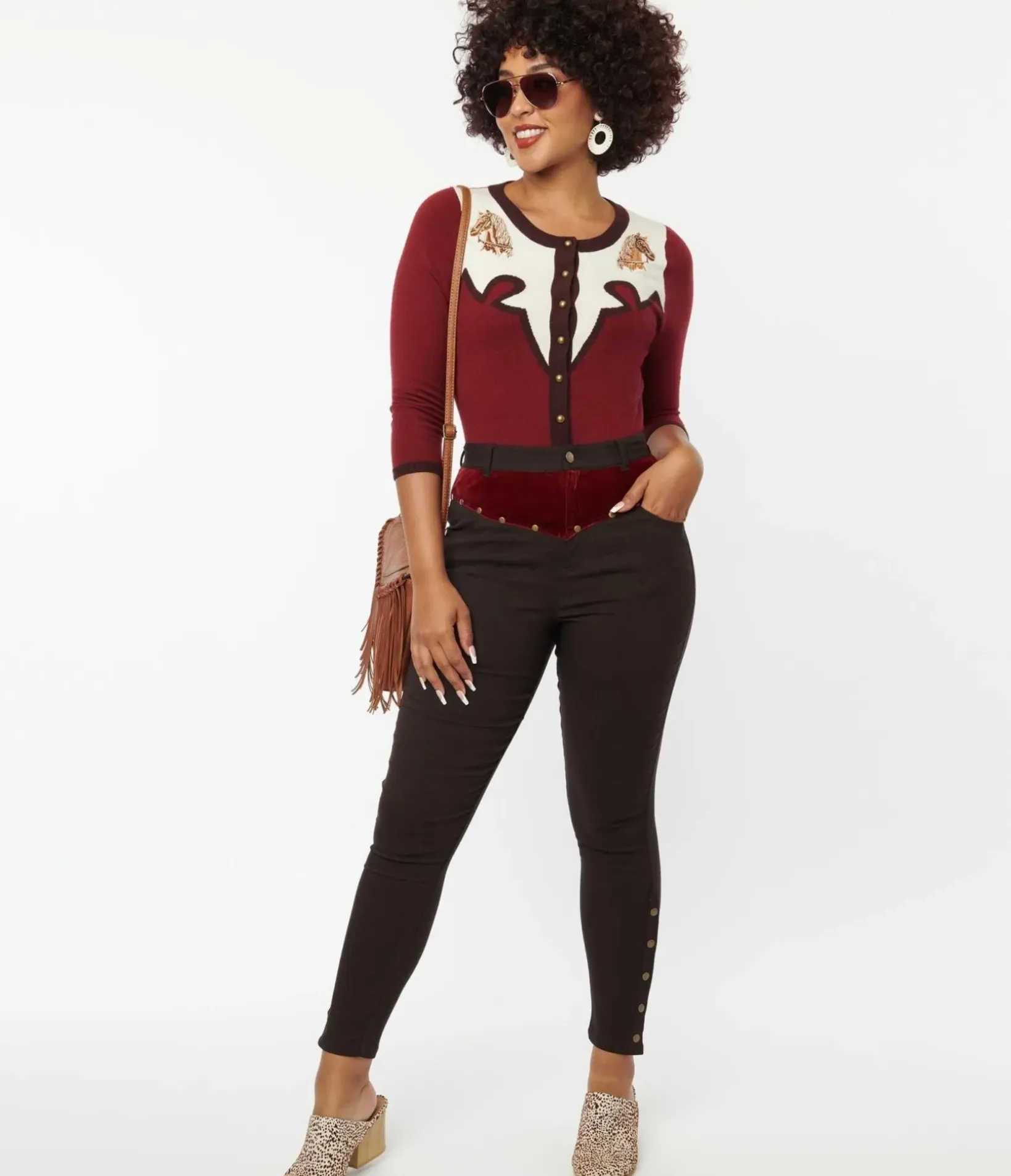 Unique Vintage All Things Red>Brown Denim & Red Yoke Skinny Jeans