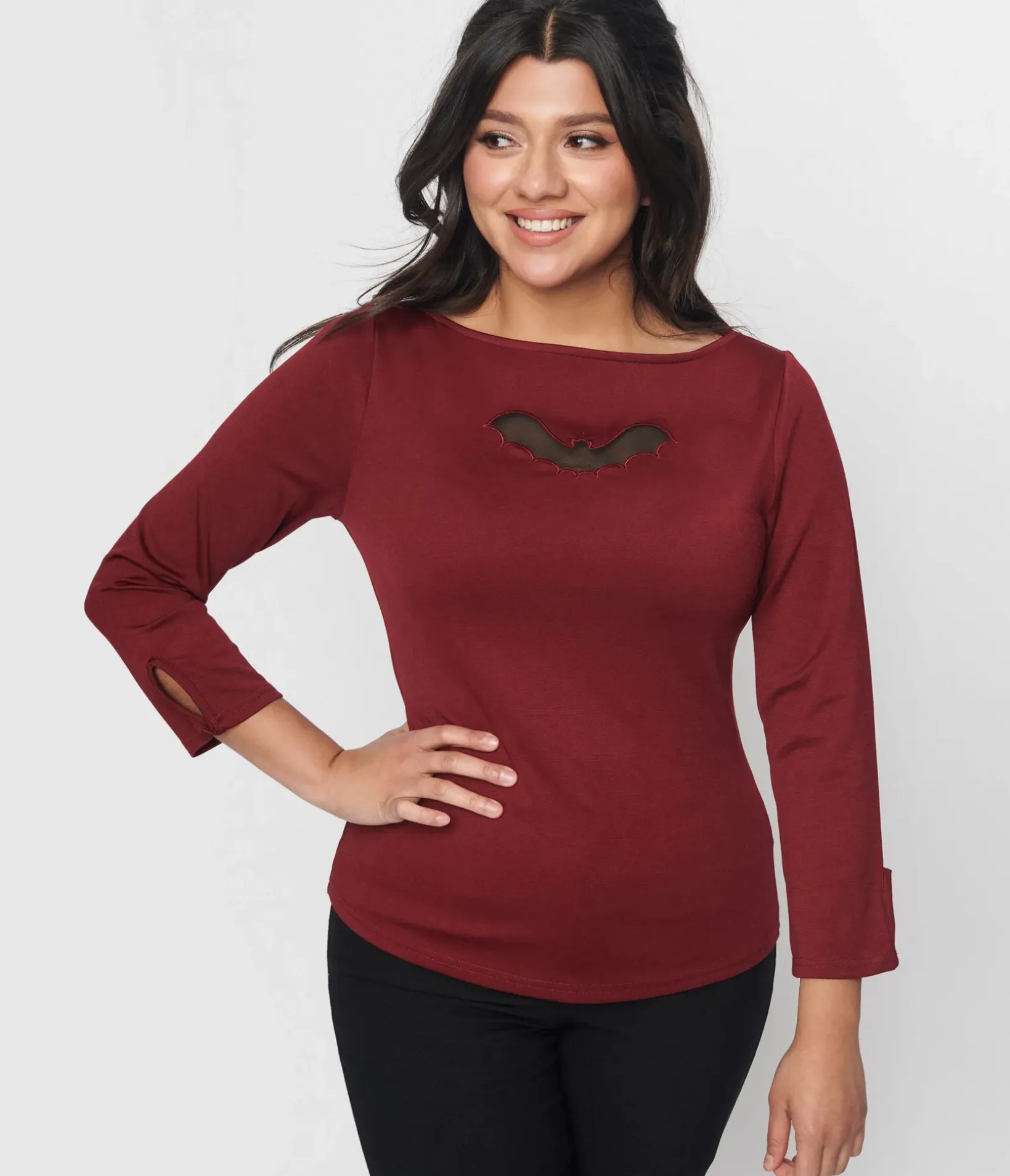 Unique Vintage Halloween>Burgundy & Bat Cutout Gracie Top