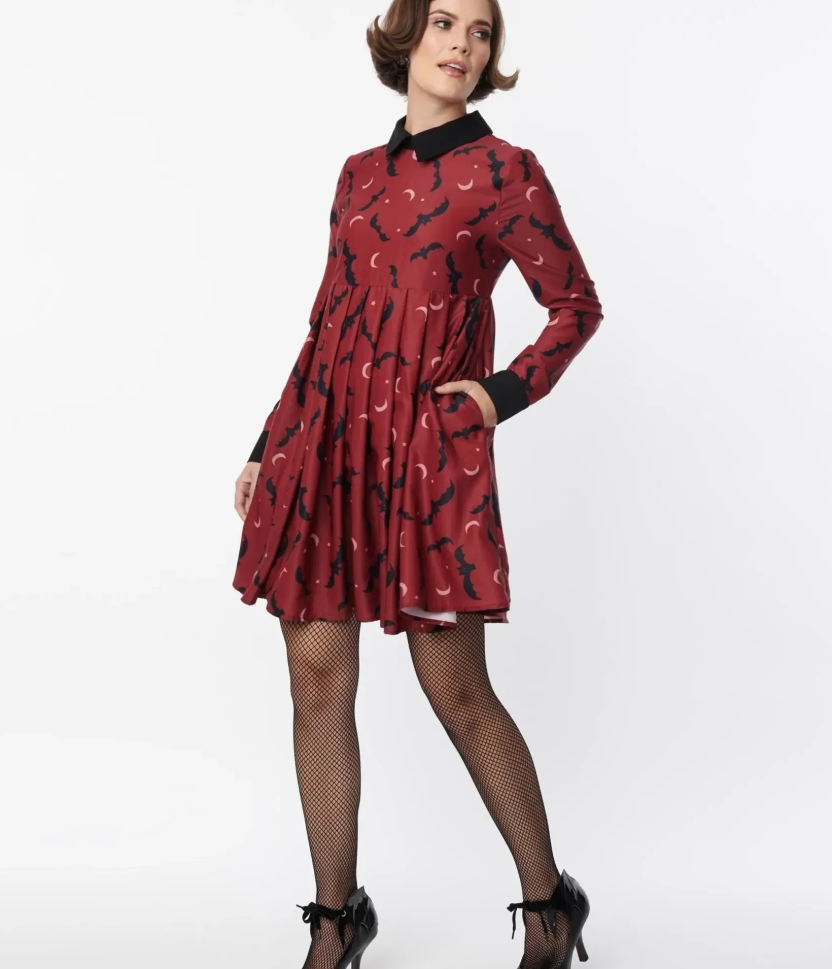 Unique Vintage Babydoll|Babydoll>Burgundy & Black Bats Baby Doll Dress
