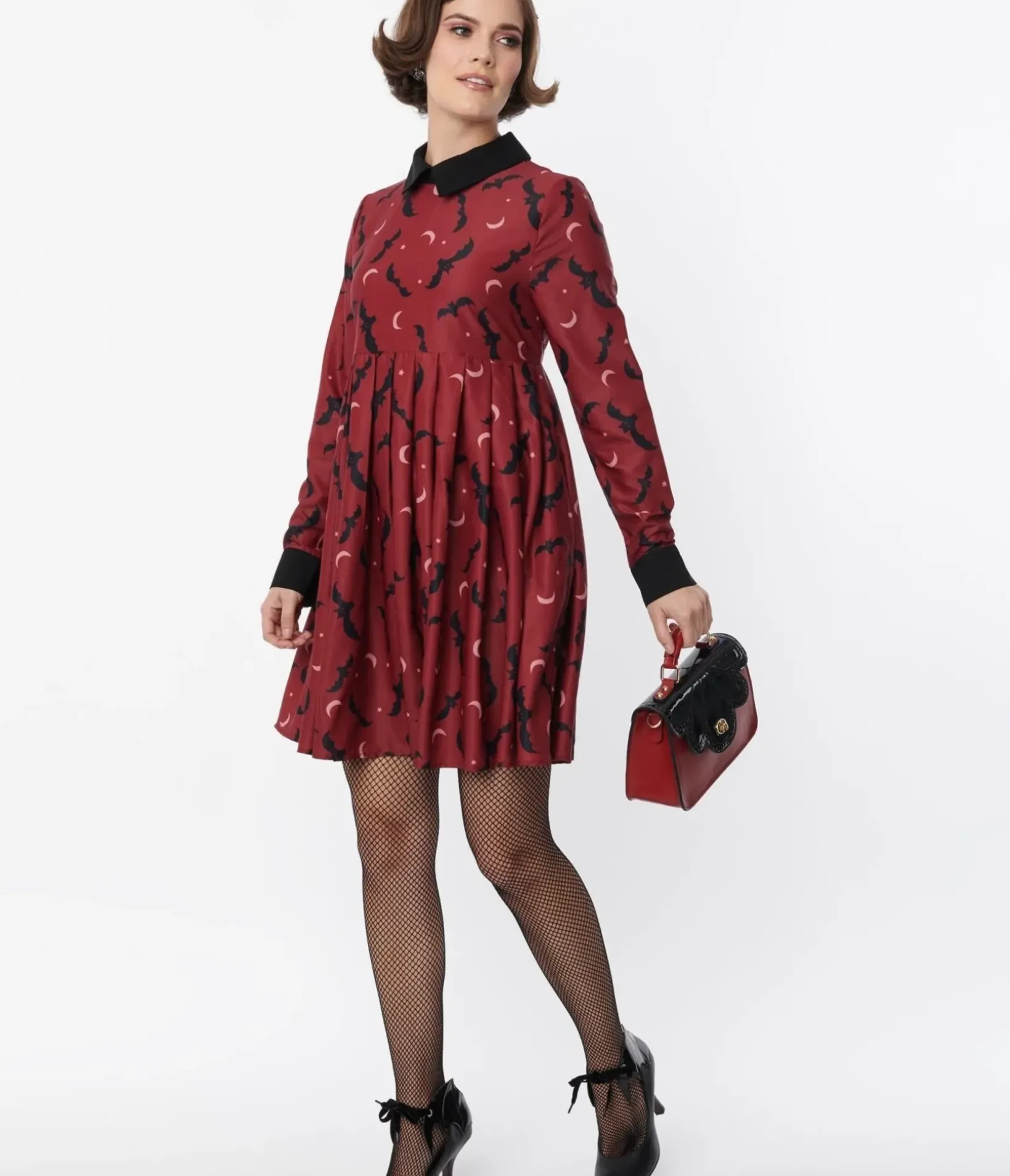 Unique Vintage Babydoll|Babydoll>Burgundy & Black Bats Baby Doll Dress