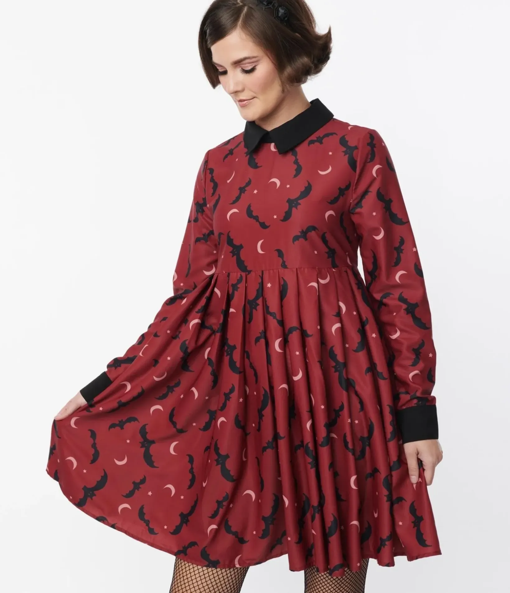 Unique Vintage Babydoll|Babydoll>Burgundy & Black Bats Baby Doll Dress