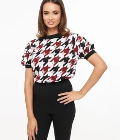 Unique Vintage Sweaters & Cardigans>Burgundy & Black Cat Houndstooth Paige Sweater