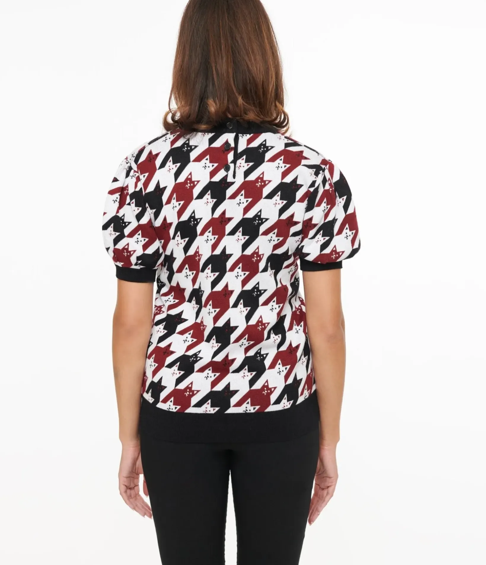 Unique Vintage Sweaters & Cardigans>Burgundy & Black Cat Houndstooth Paige Sweater