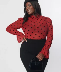 Unique Vintage Work Wear>Burgundy & Black Polka Dot Donna Blouse