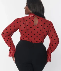 Unique Vintage Work Wear>Burgundy & Black Polka Dot Donna Blouse