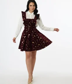 Unique Vintage Skirts>Burgundy & Gold Moon & Star Corduroy Ruffle Pinafore
