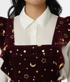 Unique Vintage Skirts>Burgundy & Gold Moon & Star Corduroy Ruffle Pinafore