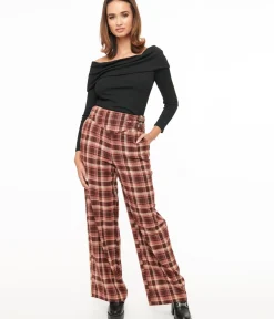 Unique Vintage Pants|Work Wear>Burgundy Plaid Double Belt Woven Pants