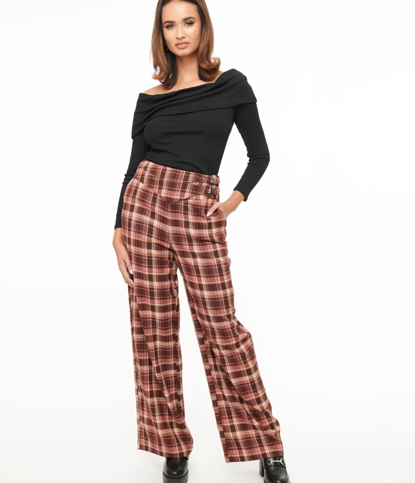 Unique Vintage Pants|Work Wear>Burgundy Plaid Double Belt Woven Pants