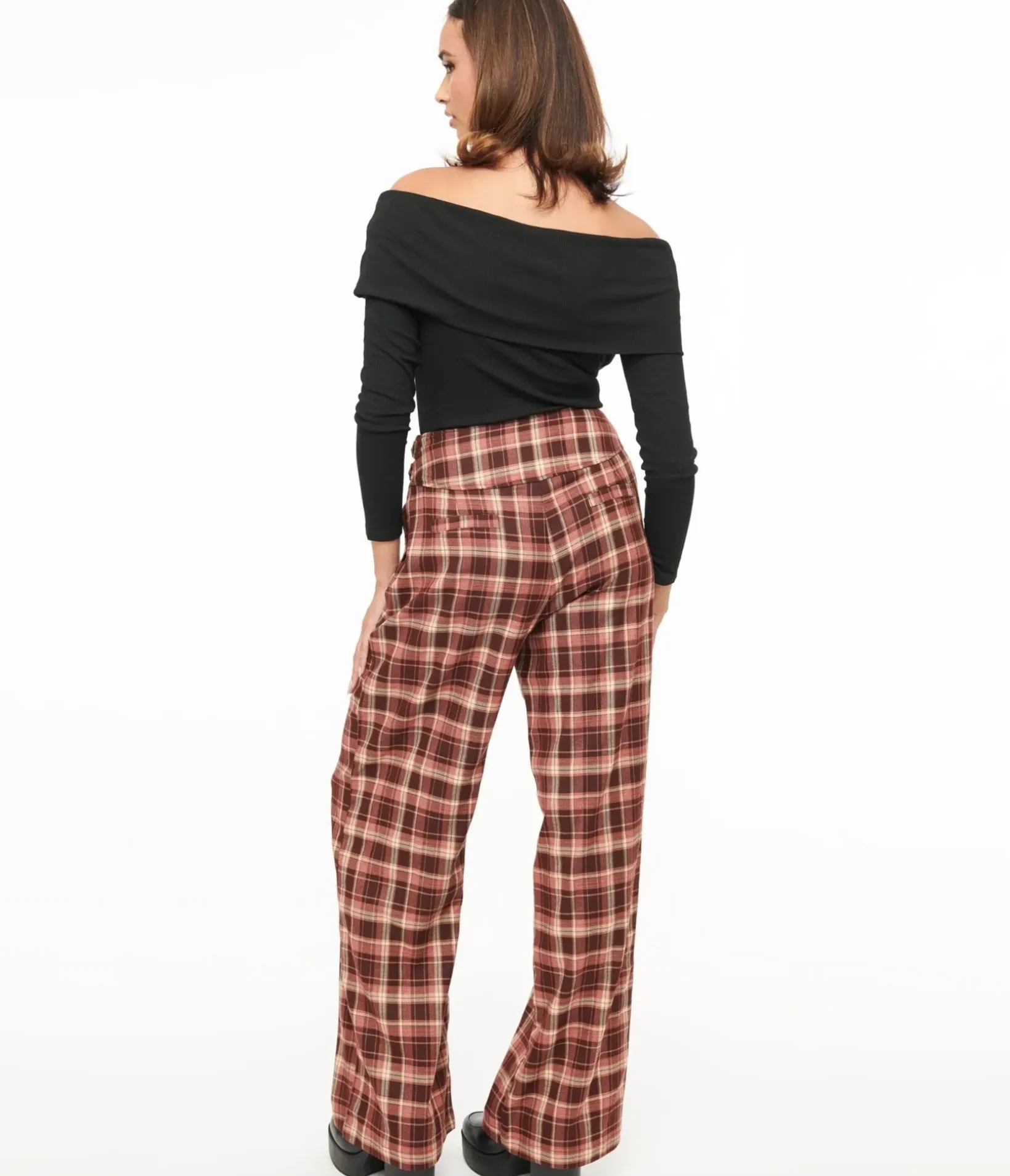 Unique Vintage Pants|Work Wear>Burgundy Plaid Double Belt Woven Pants