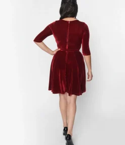 Unique Vintage Fit & Flare|Fit & Flare>Burgundy Velvet Stephanie Fit & Flare Dress