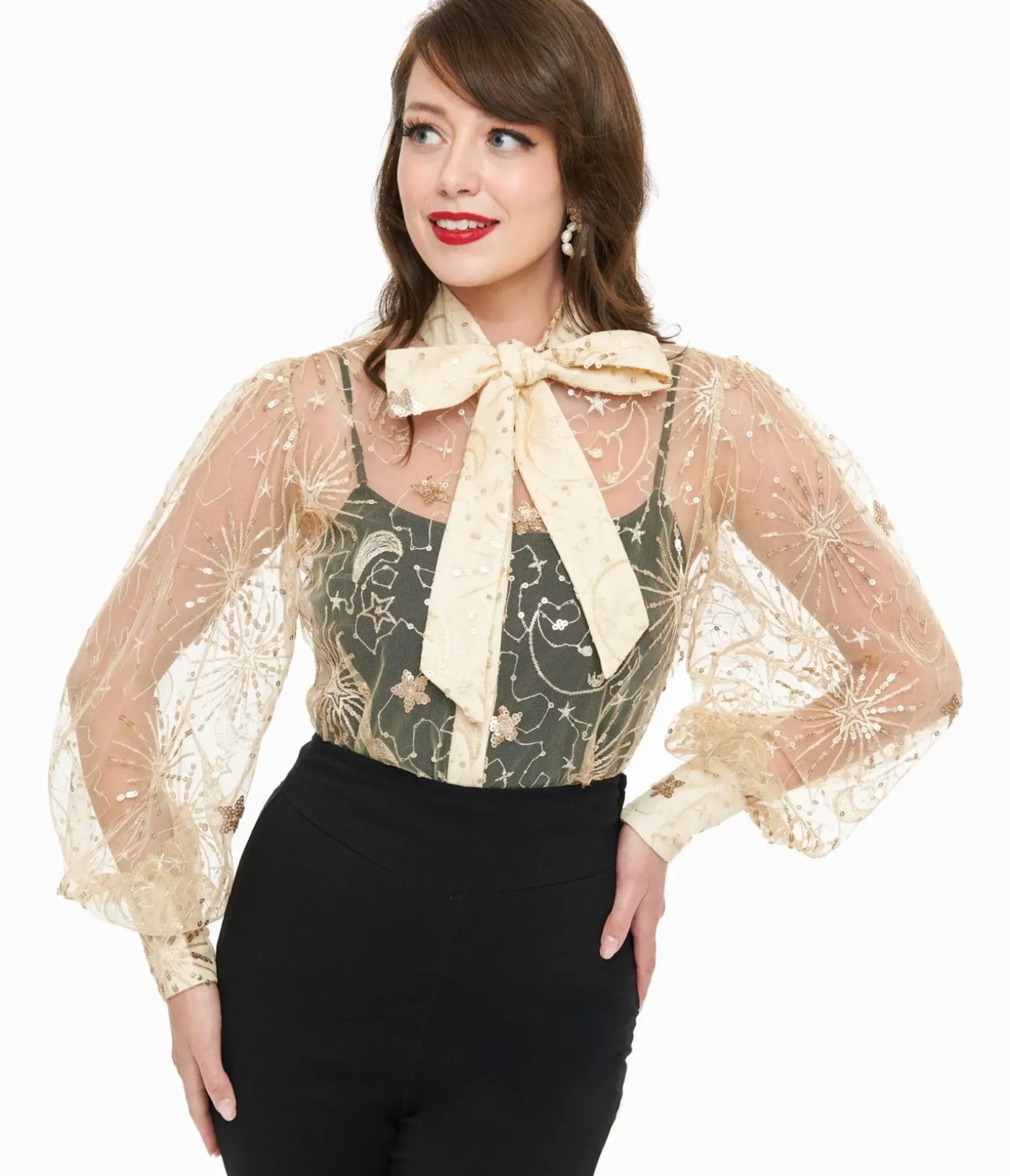 Unique Vintage Blouses>Champagne Celestial Sequin Sheer Gwen Blouse