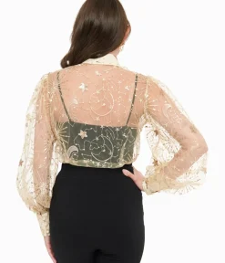 Unique Vintage Blouses>Champagne Celestial Sequin Sheer Gwen Blouse