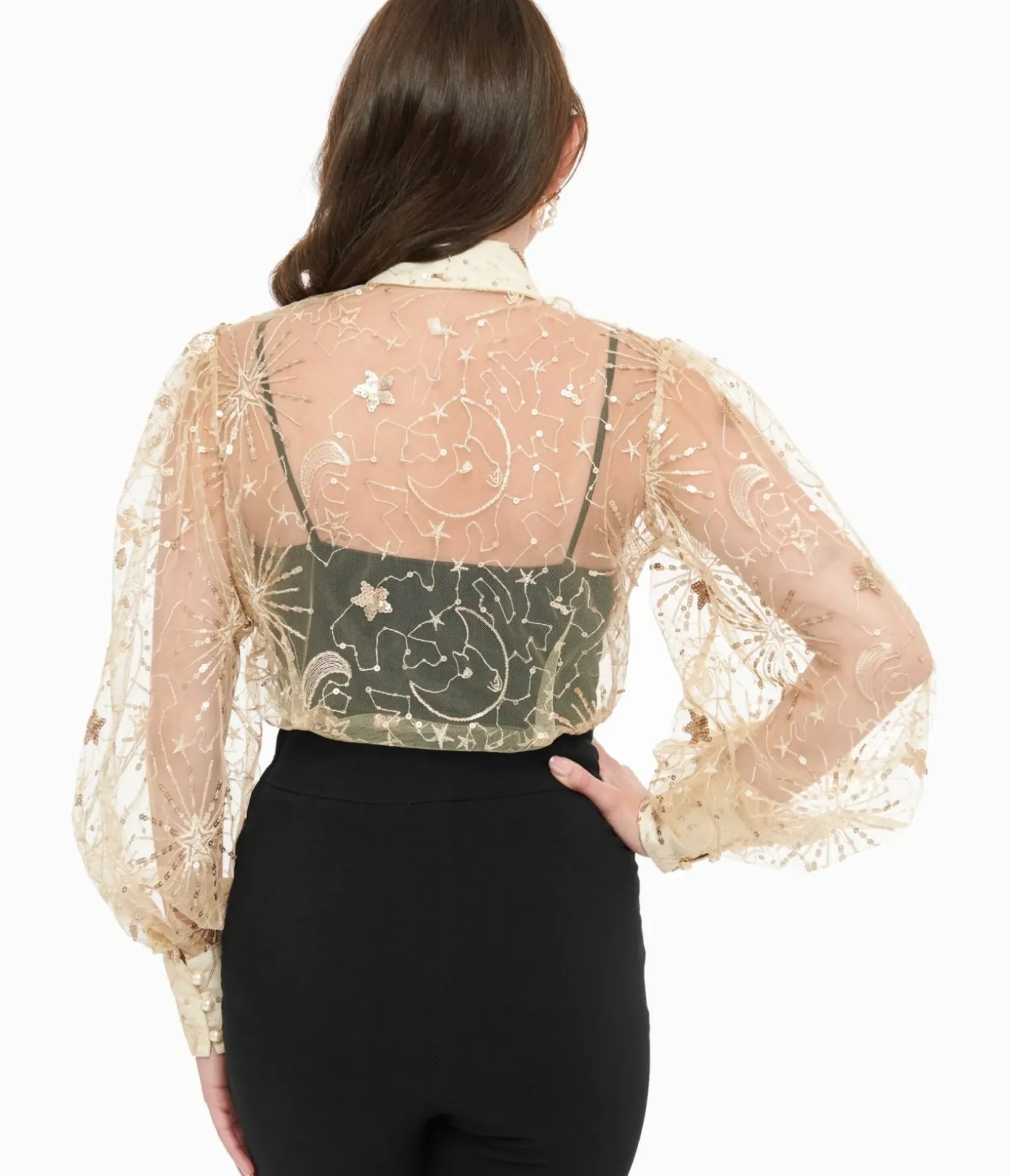 Unique Vintage Blouses>Champagne Celestial Sequin Sheer Gwen Blouse