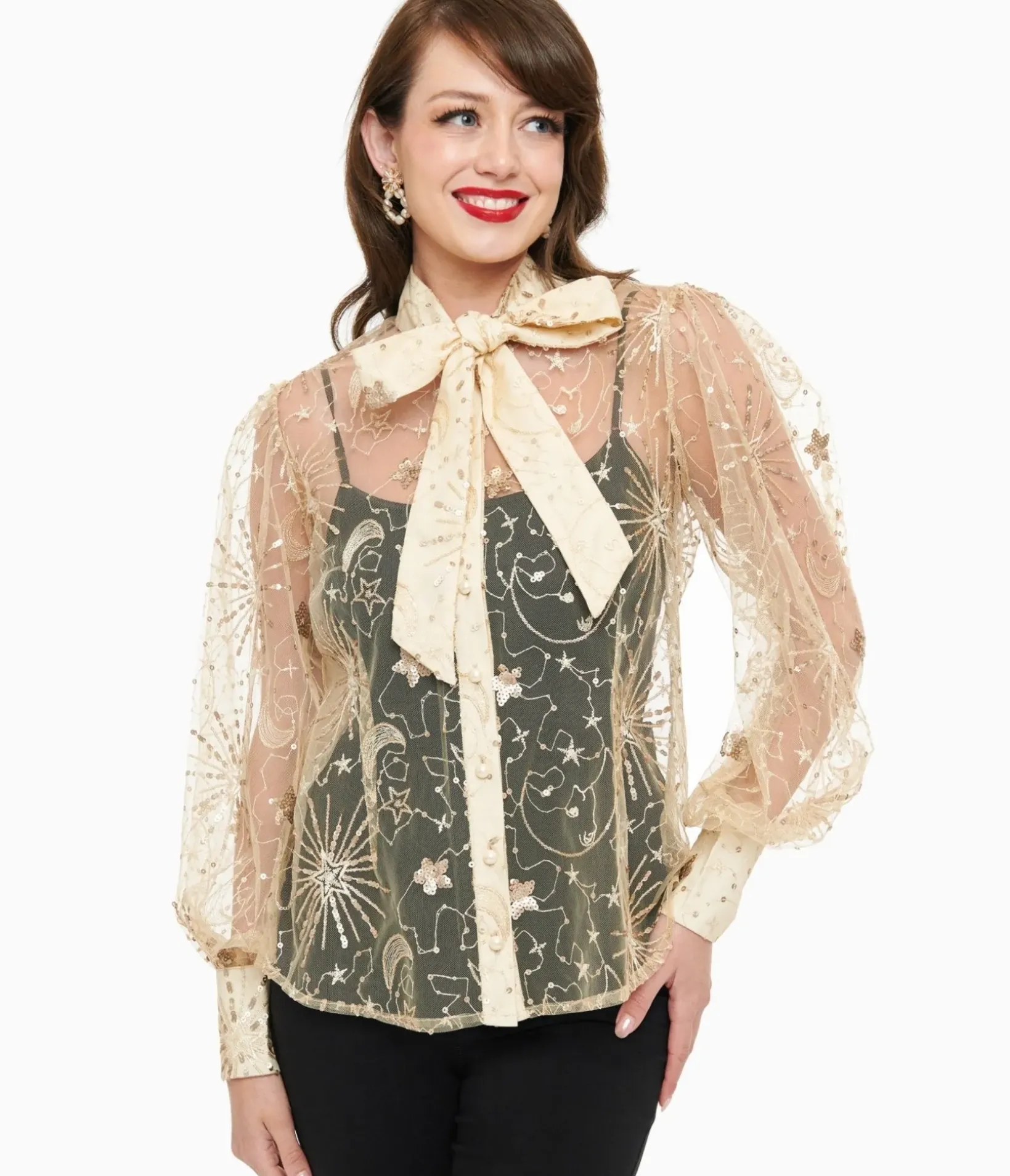 Unique Vintage Blouses>Champagne Celestial Sequin Sheer Gwen Blouse