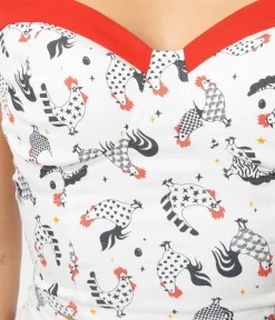 Unique Vintage Blouses|All Things Red>Chicken Print & Red Contrast Crop Top