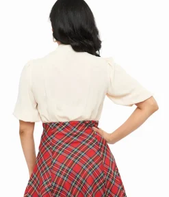 Unique Vintage Blouses|Work Wear>Cream Short Sleeve Neck Tie Gwen Blouse